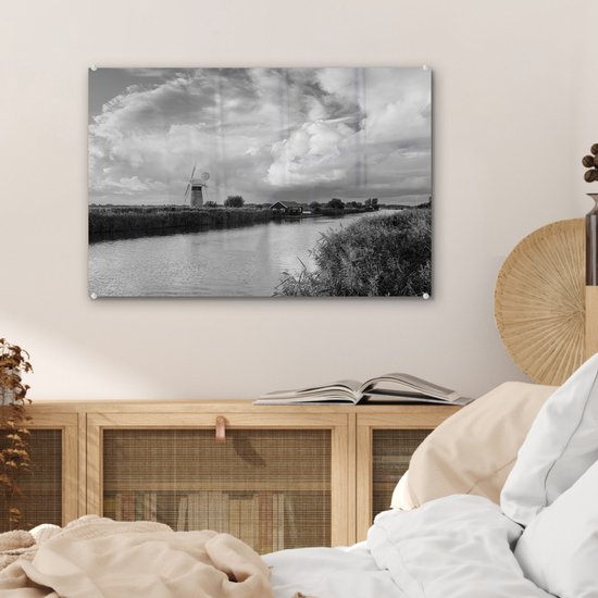 MuchoWow® Peinture sur verre 60x40 cm - Peinture sur verre acrylique - Lever de soleil au parc national des Broads en Angleterre en noir et blanc - Photo sur verre - Peintures