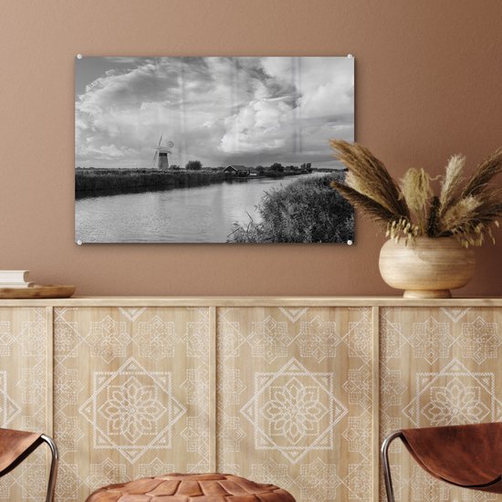 MuchoWow® Peinture sur verre 60x40 cm - Peinture sur verre acrylique - Lever de soleil au parc national des Broads en Angleterre en noir et blanc - Photo sur verre - Peintures