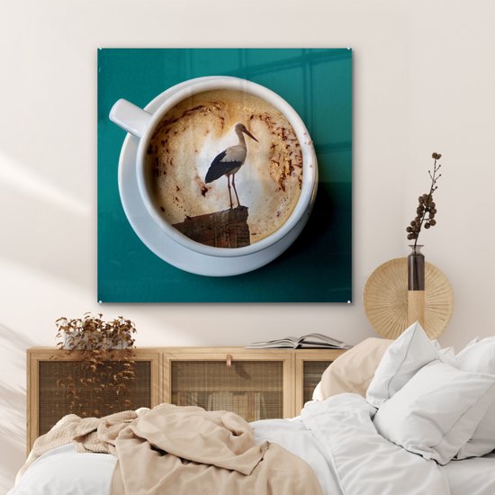 MuchoWow® Peinture sur verre 90x90 cm - Peinture sur verre acrylique - Café - Cigogne - Tasse - Photo sur verre - Peintures
