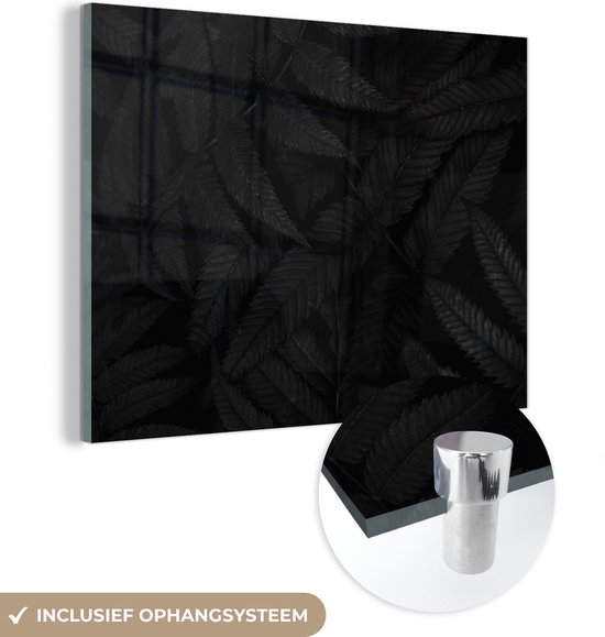 MuchoWow® Glasschilderij 80x60 cm - Schilderij acrylglas - Bladeren - Zwart - Wit - Planten - Botanisch - Foto op glas - Schilderijen