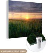 MuchoWow® Glasschilderij 20x20 cm - Schilderij acrylglas - Windmolen - Zon - Gras - Foto op glas - Schilderijen