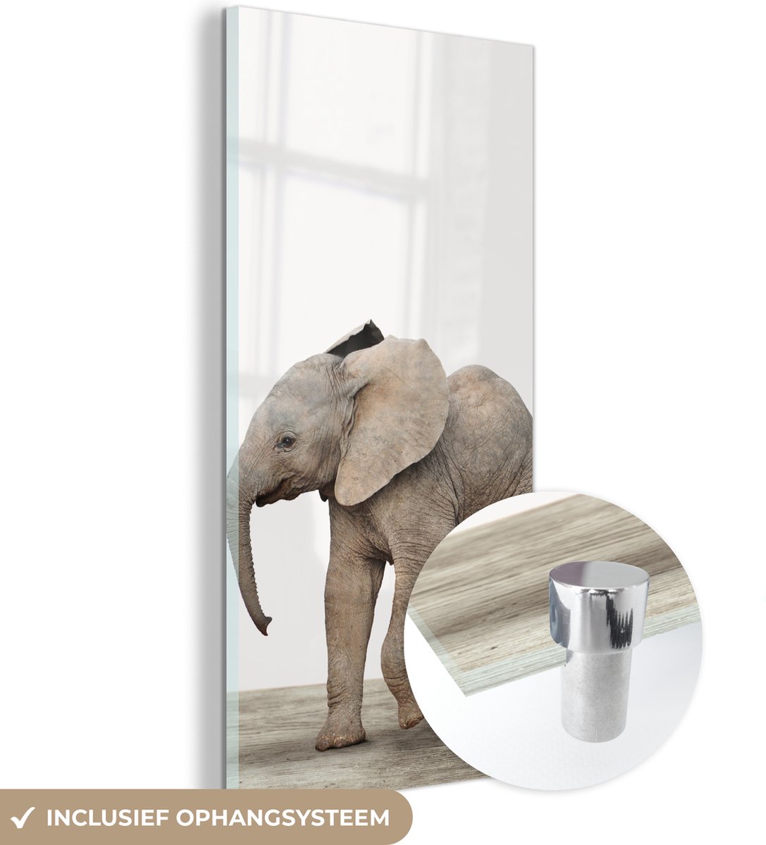 MuchoWow® Glasschilderij 20x40 cm - Schilderij acrylglas - Baby olifant - Dieren - Olifant - Kinderen - Meiden - Jongens - Foto op glas - Schilderijen