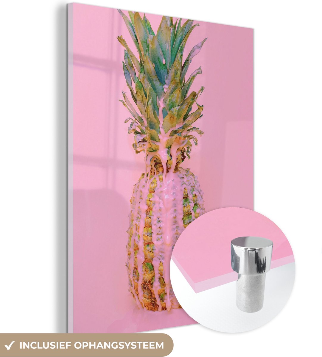MuchoWow® Glasschilderij 30x40 cm - Schilderij acrylglas - Verf - Ananas - Roze - Zomer - Foto op glas - Schilderijen