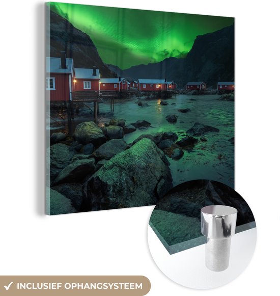 MuchoWow® Glasschilderij 20x20 cm - Schilderij acrylglas - Noorderlicht - Noorwegen - Nacht - Foto op glas - Schilderijen