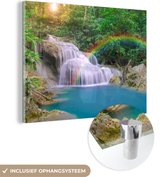 MuchoWow® Glasschilderij 40x30 cm - Schilderij acrylglas - Regenboog - Zon - Waterval - Natuur - Foto op glas - Schilderijen