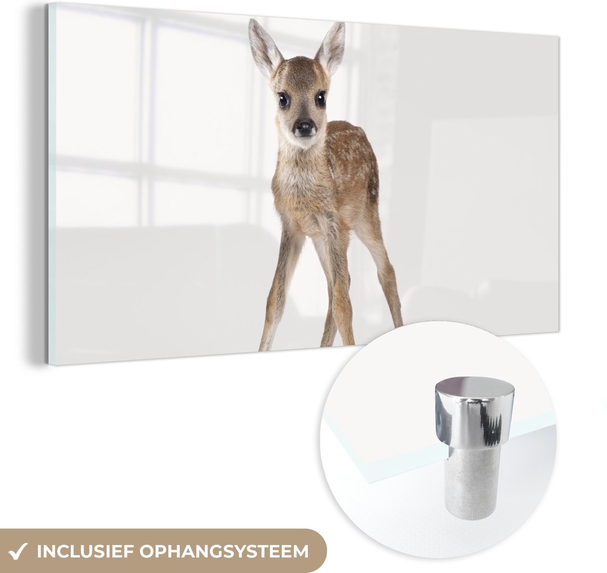 MuchoWow® Glasschilderij 40x20 cm - Schilderij acrylglas - Hert - Baby hert - Dieren - Meisjes - Jongens - Kinderen - Foto op glas - Schilderijen