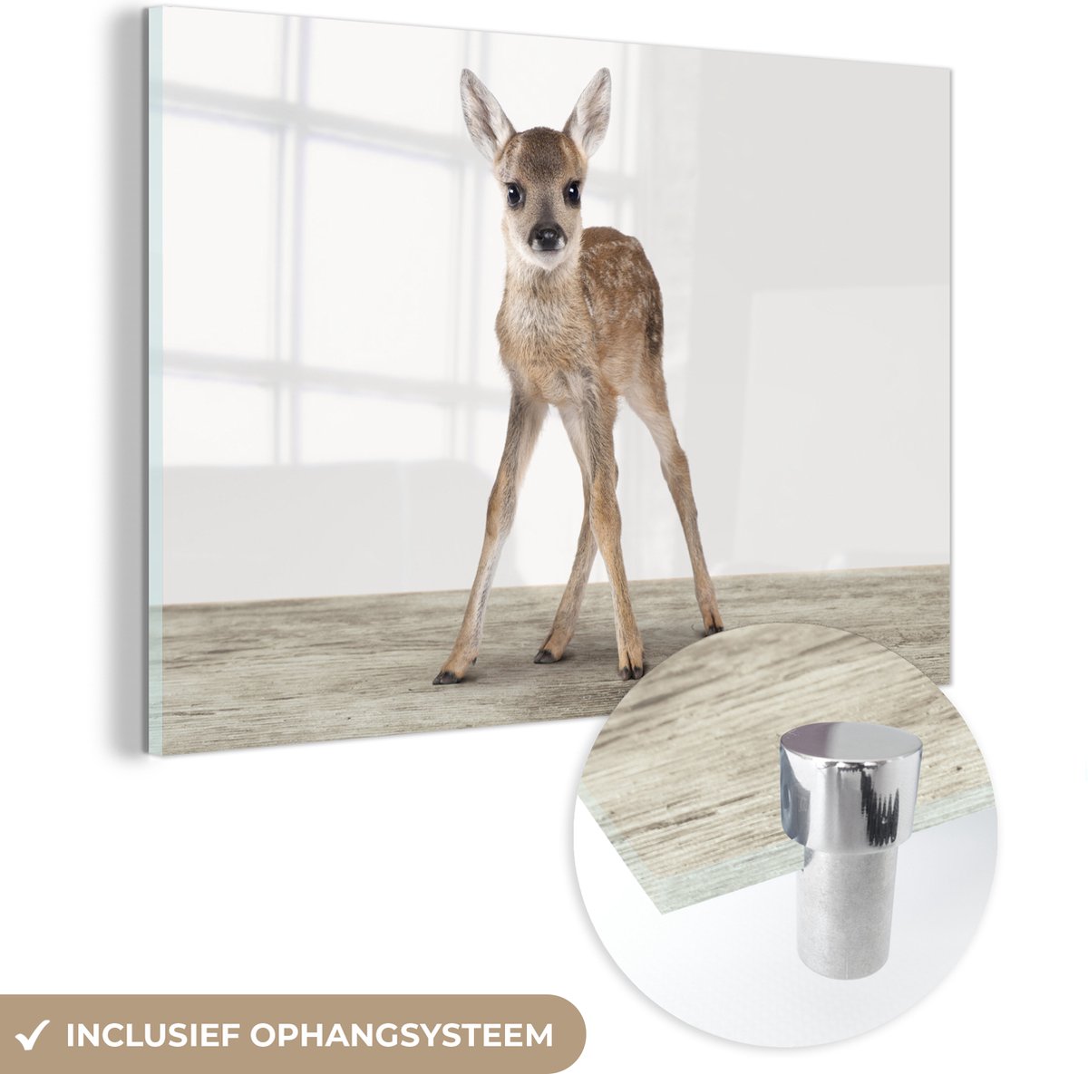 MuchoWow® Glasschilderij 60x40 cm - Schilderij acrylglas - Hert - Baby hert - Dieren - Meisjes - Jongens - Kinderen - Foto op glas - Schilderijen
