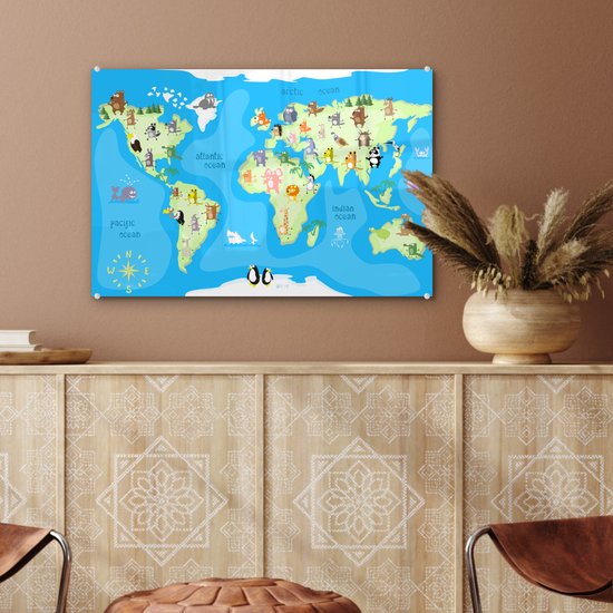 MuchoWow® Peinture sur verre 60x40 cm - Peinture sur verre acrylique - Wereldkaart - Enfant - Animaux - Blauw - Garçons - Filles - Photo sur verre - Peintures
