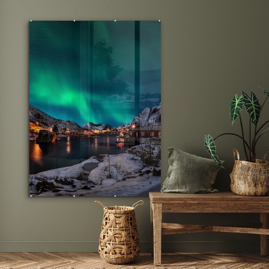 MuchoWow® Peinture sur verre 90x120 cm - Peinture sur verre acrylique - Aurores boréales - Islande - Neige - Village - Vert - Montagnes - Photo sur verre - Peintures