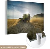 MuchoWow® Glasschilderij 180x120 cm - Schilderij acrylglas - Landbouwmachine op een maïsveld - Foto op glas - Schilderijen