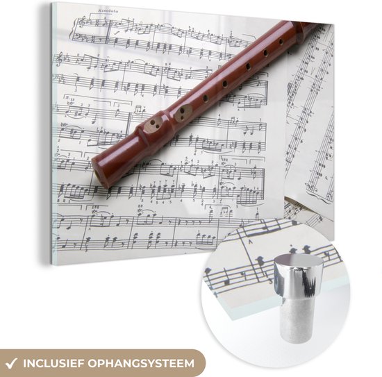 MuchoWow® Peinture sur verre 30x20 cm - Peinture sur verre acrylique - Partitions de musique pour flûte à bec - Photo sur verre - Peintures