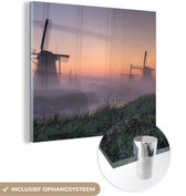 MuchoWow® Glasschilderij 20x20 cm - Schilderij acrylglas - Molen - Nederland - Mist - Foto op glas - Schilderijen