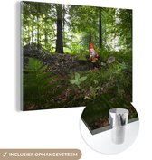 MuchoWow® Glasschilderij 40x30 cm - Schilderij glas - Zoekende tuinkabouter in het bos - Foto op acrylglas - Schilderijen