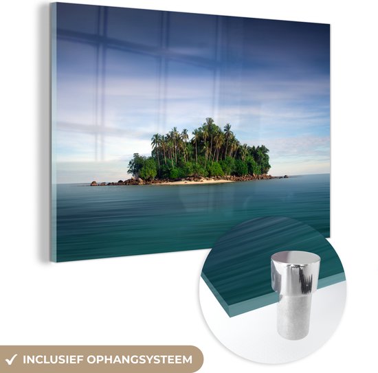 MuchoWow® Glasschilderij 180x120 cm - Schilderij acrylglas - Bosrijk eiland foto - Foto op glas - Schilderijen