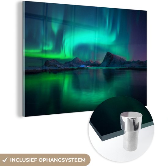 Glasschilderij - Noorderlicht - Berg - Noorwegen - Natuur - 180x120 cm - Water decoratie - Acrylglas Schilderijen - Foto op Glas