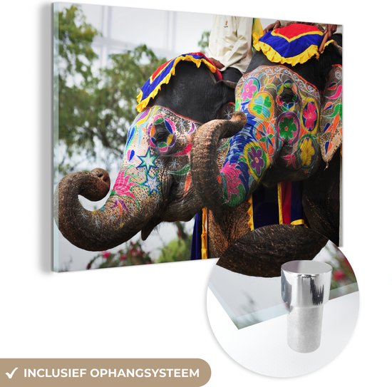MuchoWow® Glasschilderij 180x120 cm - Schilderij acrylglas - Twee beschilderde olifanten - Foto op glas - Schilderijen