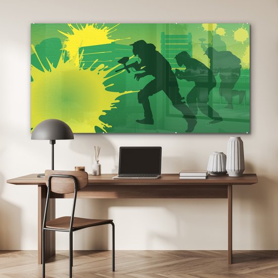 MuchoWow® Peinture sur Verre - Une Illustration Verte de Paintball sur un Terrain - 160x80 cm - Peintures sur Verre Peintures - Photo sur Glas