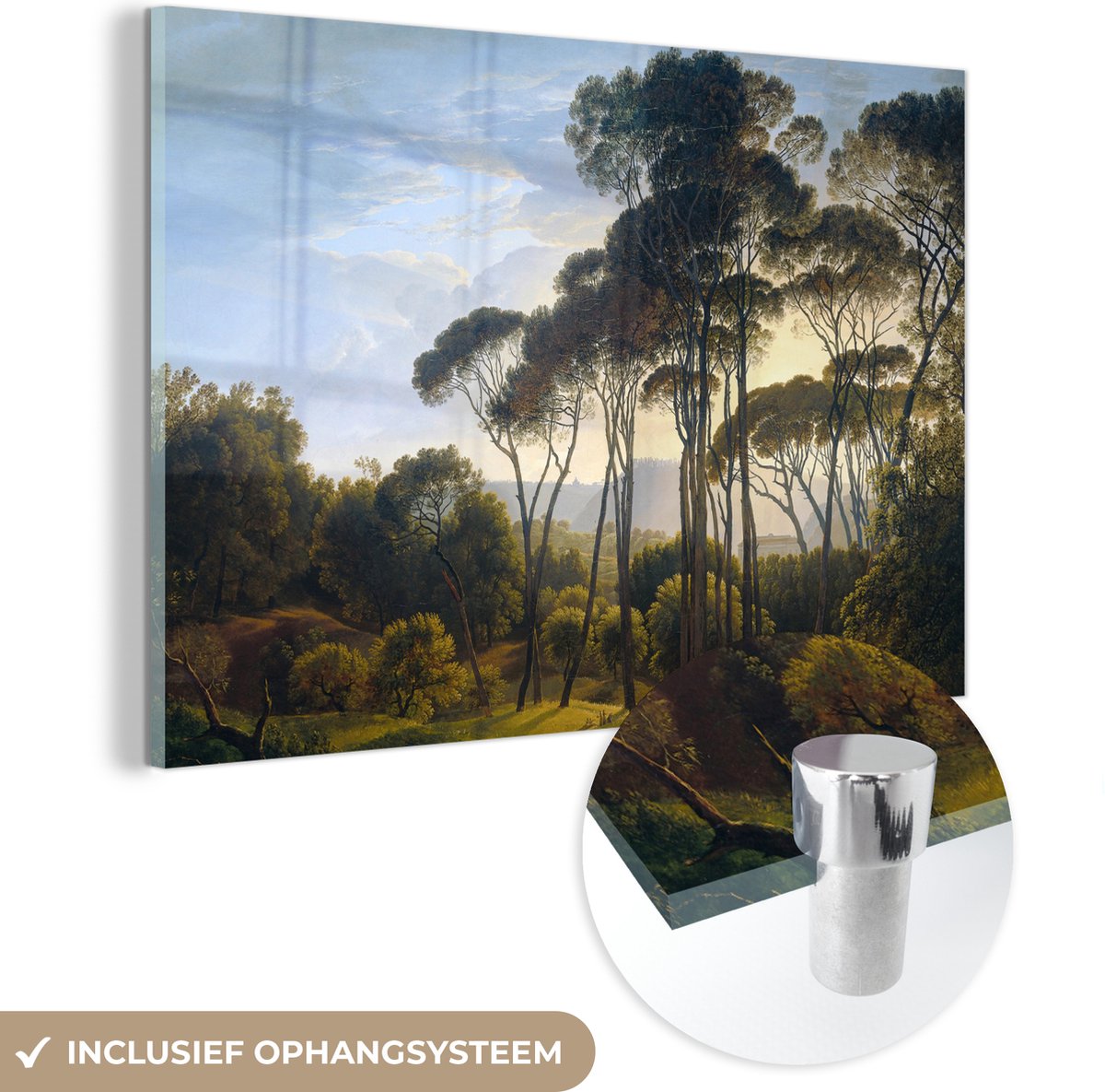 MuchoWow® Glasschilderij 180x120 cm - Schilderij acrylglas - Italiaans landschap met parasoldennen - Kunst - Oude meesters - Foto op glas - Schilderijen