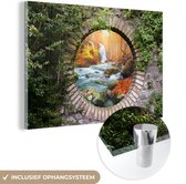 MuchoWow® Glasschilderij 90x60 cm - Schilderij acrylglas - Herfst - Waterval - Natuur - Doorkijk - Foto op glas - Schilderijen