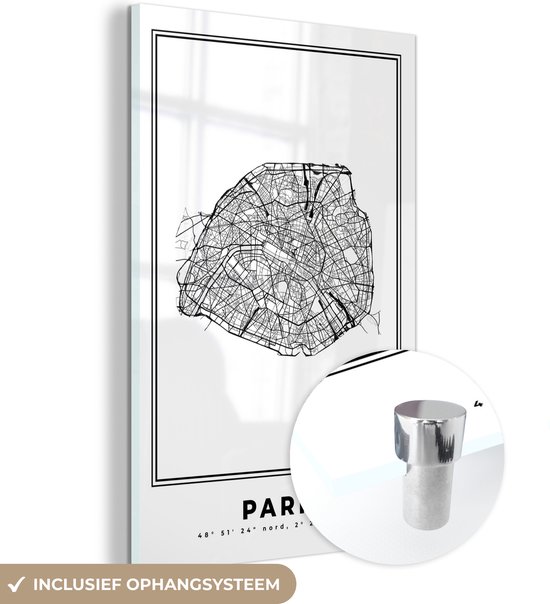 MuchoWow® Glasschilderij 60x90 cm - Schilderij acrylglas - Parijs – Plattegrond - Zwart Wit – Stadskaart – Kaart - Foto op glas - Schilderijen