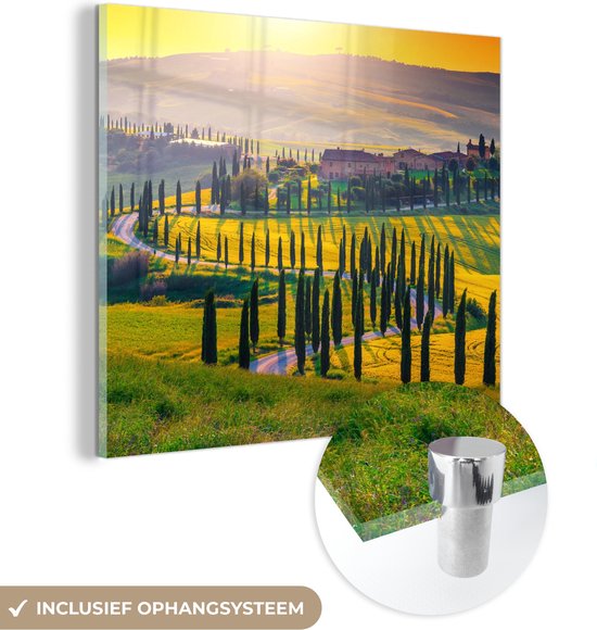 MuchoWow® Glasschilderij 20x20 cm - Schilderij acrylglas - Gras - Zon - Heuvel - Landschap - Foto op glas - Schilderijen
