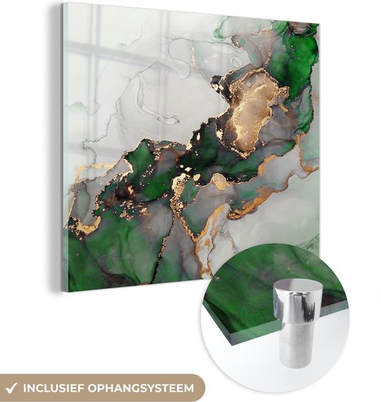 MuchoWow® Glasschilderij 20x20 cm - Schilderij acrylglas - Marmer - Goud - Groen - Luxe - Foto op glas - Schilderijen