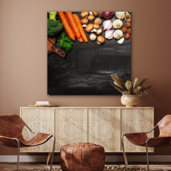 MuchoWow® Glasschilderij 90x90 cm - Schilderij acrylglas - Wortel - Groente - Kruiden - Specerijen - Rustiek - Foto op glas - Schilderijen