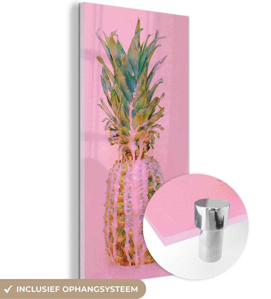 MuchoWow® Glasschilderij 80x160 cm - Schilderij acrylglas - Verf - Ananas - Roze - Zomer - Foto op glas - Schilderijen
