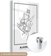 MuchoWow® Glasschilderij 80x120 cm - Schilderij acrylglas - Stadskaart – Zwart Wit - Kaart – Alkmaar – Nederland – Plattegrond - Foto op glas - Schilderijen