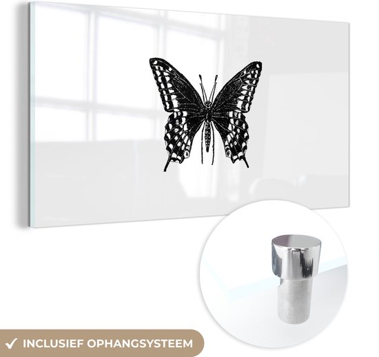 MuchoWow® Glasschilderij 80x40 cm - Schilderij acrylglas - Vlinder - Dieren - Retro - Zwart wit - Foto op glas - Schilderijen