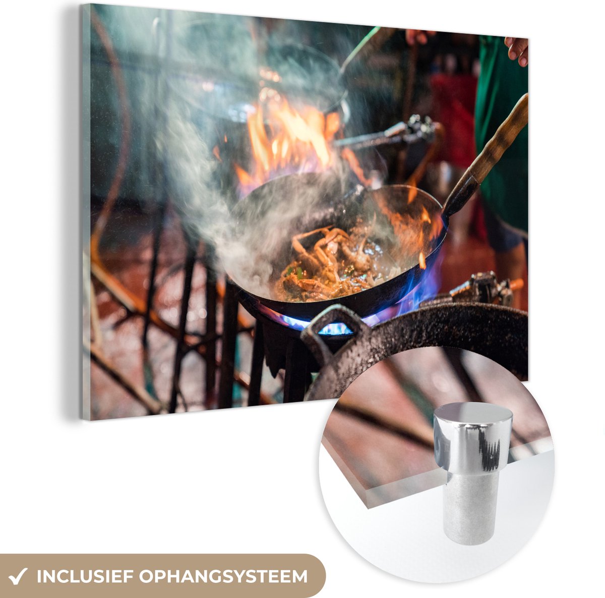 ® Glasschilderij 90x60 cm - Schilderij acrylglas - Asian Streetfood in wok pannen - Foto o