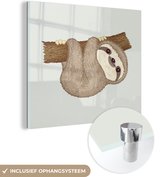 MuchoWow® Glasschilderij 20x20 cm - Schilderij acrylglas - Kinderillustratie van een hangende luiaard - Foto op glas - Schilderijen