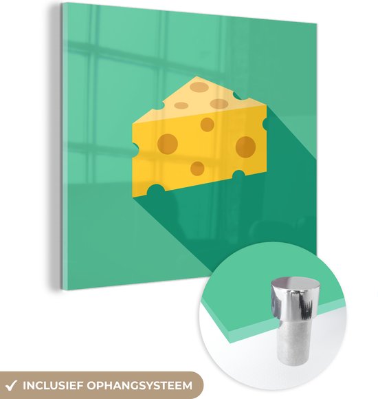 MuchoWow® Glasschilderij 50x50 cm - Schilderij acrylglas - Illustratie van een stuk kaas met gaten - Foto op glas - Schilderijen
