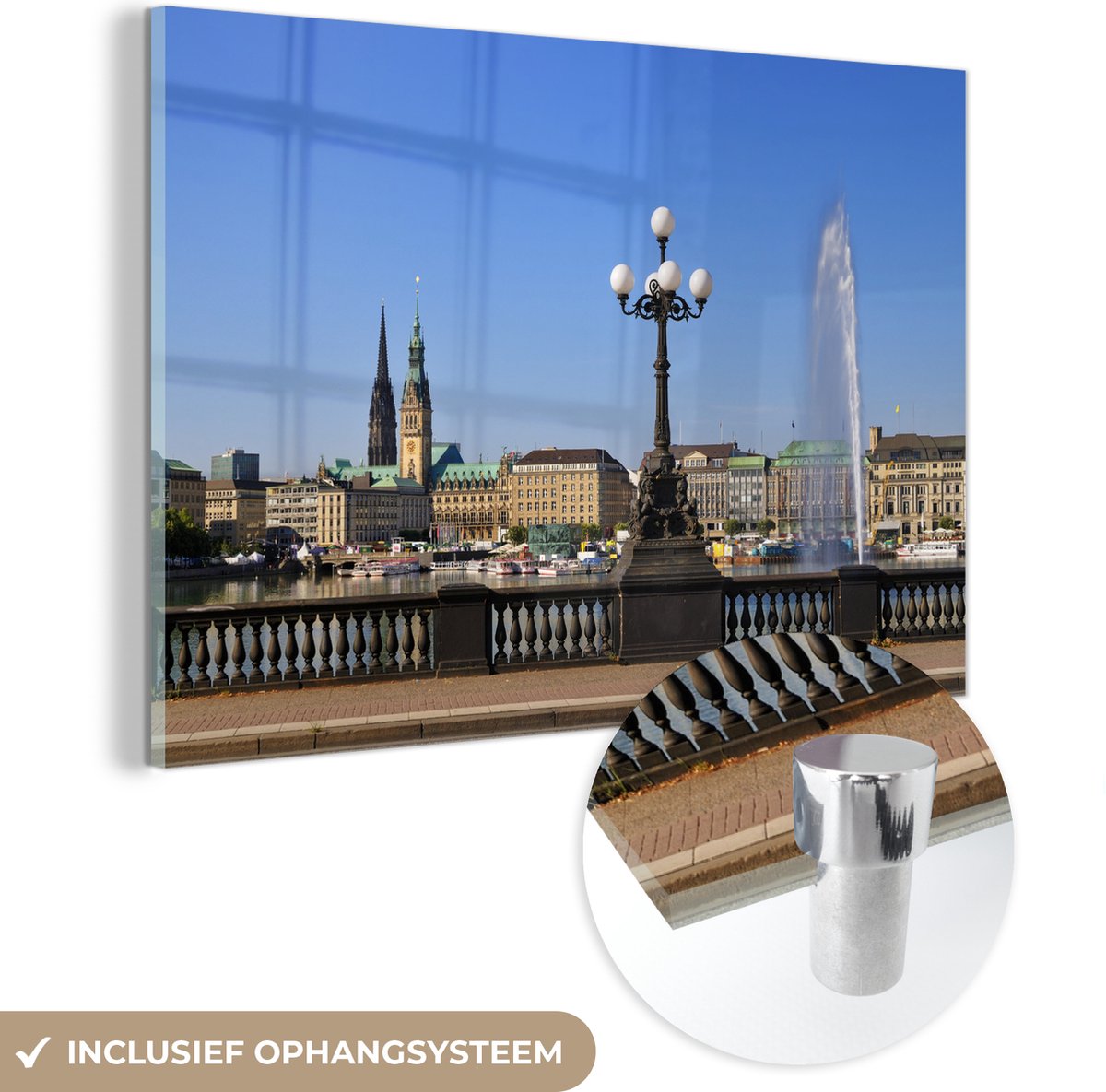 ® Glasschilderij 150x100 cm - Schilderij acrylglas - Stadhuis - Hamburg - Fontein - Foto o