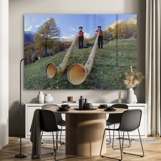 MuchoWow® Peinture sur verre 150x100 cm - Peinture sur verre acrylique - Alpes - Homme - Cor des Alpes - Photo sur verre - Peintures