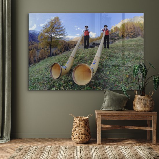 MuchoWow® Peinture sur verre 150x100 cm - Peinture sur verre acrylique - Alpes - Homme - Cor des Alpes - Photo sur verre - Peintures