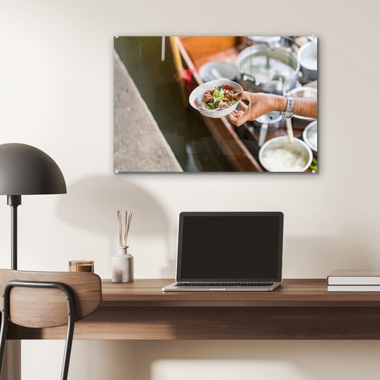 MuchoWow® Peinture sur verre 60x40 cm - Peinture sur verre acrylique - Streetfood asiatique à partir d'un chariot en bois - Photo sur verre - Peintures