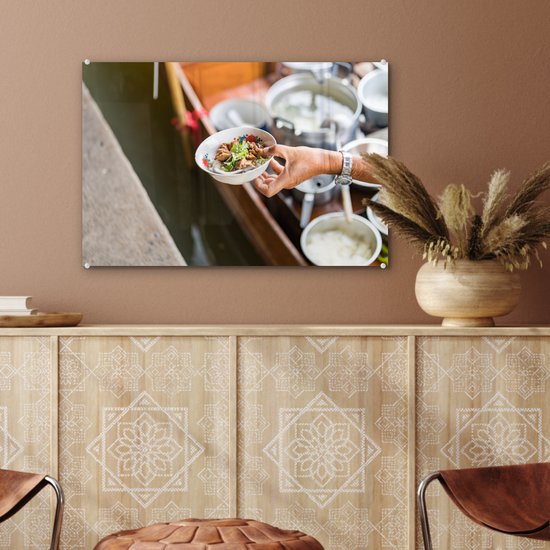 MuchoWow® Peinture sur verre 60x40 cm - Peinture sur verre acrylique - Streetfood asiatique à partir d'un chariot en bois - Photo sur verre - Peintures