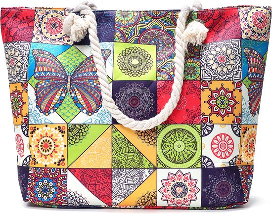 Strandtas met rits - Beach bag - Shopper - patchwork - multicolour - 50 x  36 x 12 cm | bol.com
