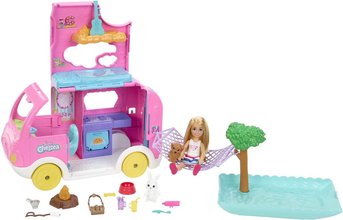 Barbie Chelsea - Camper met hondje en konijn - Speelfigurenset