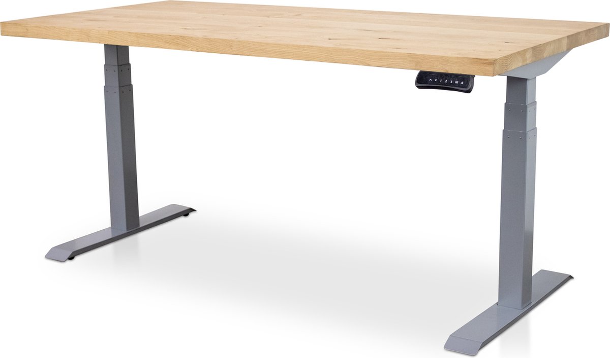 Multi Ratio Zit-sta bureau met massief eiken blad 120 x 80 cm - MRC PRO NEN-EN 527 - elektrisch verstelbaar - frame aluminium - 130 cm hoog - 150KG draagvermogen