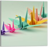 Dibond - Rij van Verschillende Grotes en Kleuren Origami Vogels op Lichtblauwe Achtergrond - 50x50 cm Foto op Aluminium (Met Ophangsysteem)