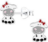 Joy|S - Zilveren koe oorbellen - 6 x 9 mm - zwart wit grijs met rood strikje - kinderoorbellen