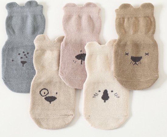 5 paar Baby anti-slip sokken van Il Bambini - naturel diertjes - zool - maanden