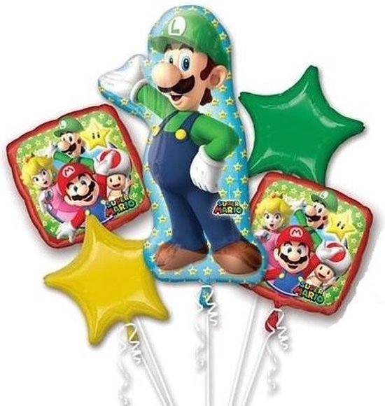 Super Mario - Luigi - Helium Ballonnen Set - 5 Delig leeg - Ballon - Versiering - Verjaardag - Kinderfeest - Zonder vulling.