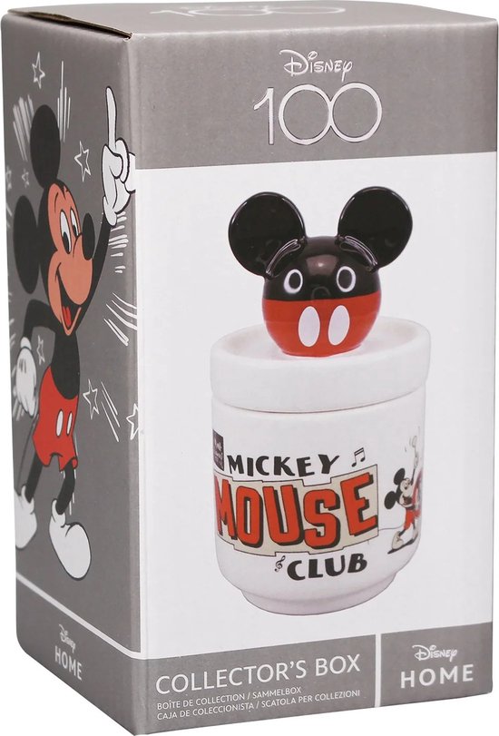 Boîte de collection avec logo Disney 100. Contient un pot blanc avec logo Mickey Mouse et une tête de Mickey Mouse comme couvercle.