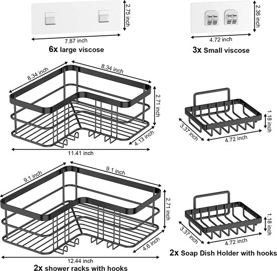 Étagère de douche d'angle, ensemble de 4 étagères de douche cachées avec porte-savon, sans perçage, acier inoxydable, organisateur de douche de salle de bain, montage mural, grande capacité (noir)