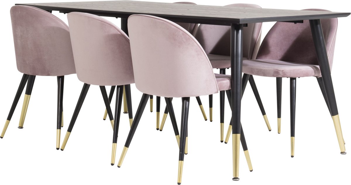 Dipp180x90BLBR eethoek eetkamertafel zwart en 6 Velvet eetkamerstal velours roze, zwart, messing decor.