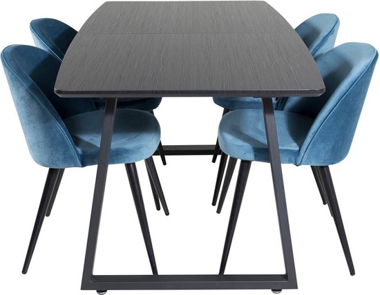 IncaBLBL eethoek eetkamertafel uitschuifbare tafel lengte cm 160 / 200 zwart en 4 Velvet eetkamerstal velours blauw, zwart.