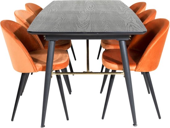 Gold eethoek eetkamertafel uitschuifbare tafel lengte cm 180 / 220 zwart en 4 Velvet eetkamerstal velours oranje, zwart.